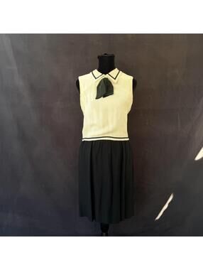 Vintage Mr Mort Lord & Taylor Drop Waist Dress Cream Black Bow Sleeveless 60s